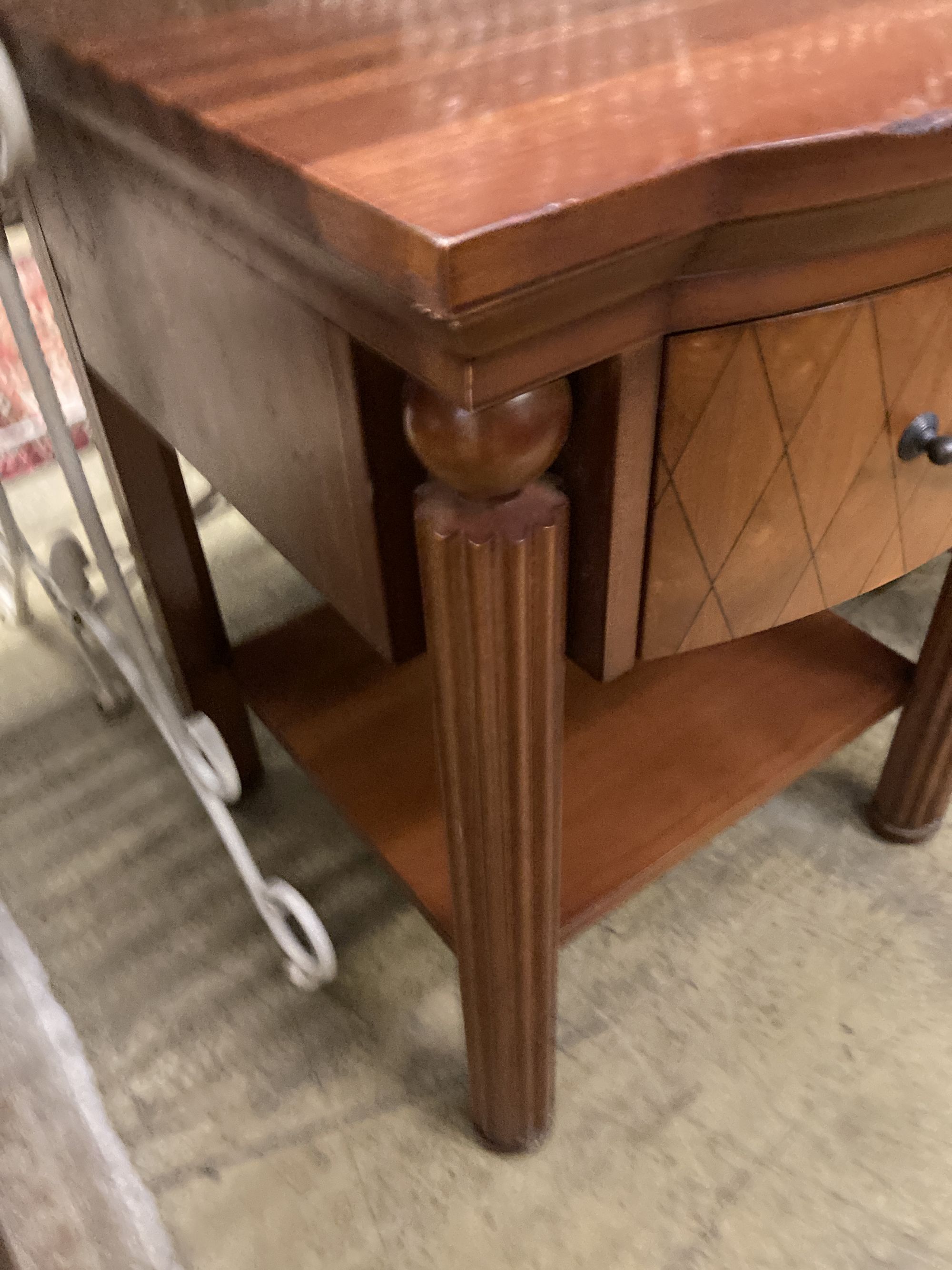 A pair of reproduction walnut bowfront bedside tables, width 50cm depth 50cm height 61cm